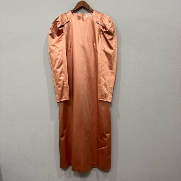 New Ulla Johnson Midi Dress Metallic‎ Copper Cotton Blend Pockets Puff Sleeve - Picture 1 of 14